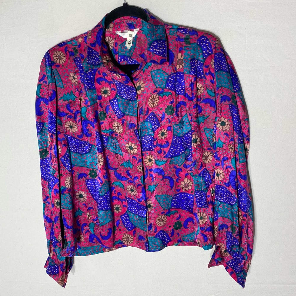 Retro Vibrant Pink Blue Floral Silk Button Up Blouse L